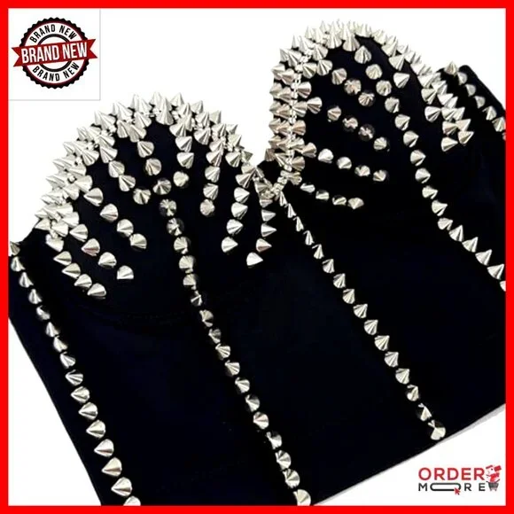 Metal Studs Bustier Crop Top Corset Rock Style Push Up Padded Underwire - Picture 6 of 7